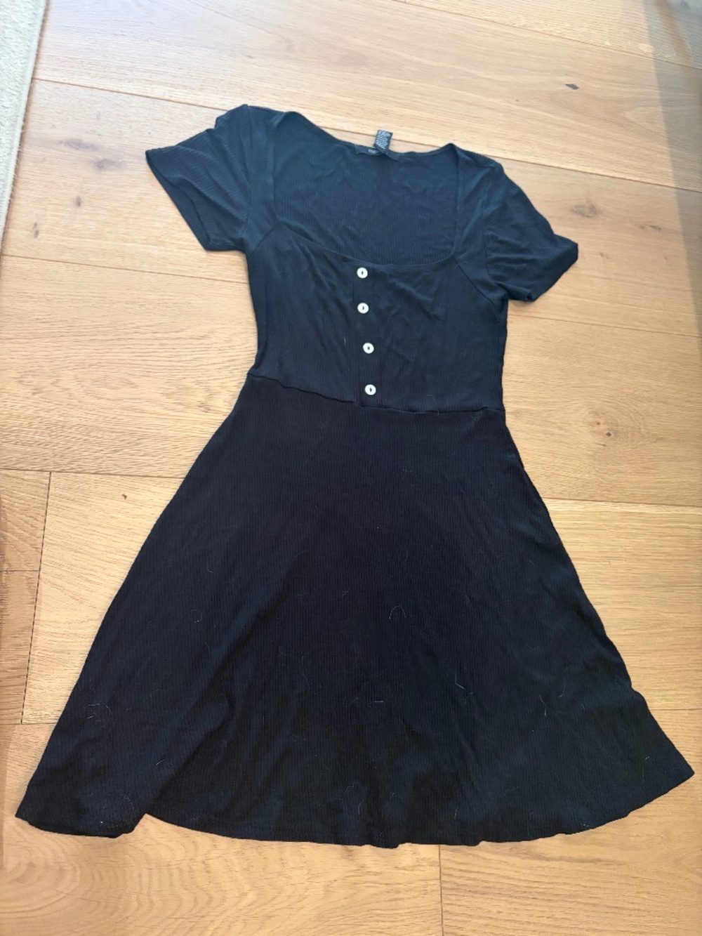 Forever 21 Black Ribbed Mini Dress | Button Front Short Sleeve Dress